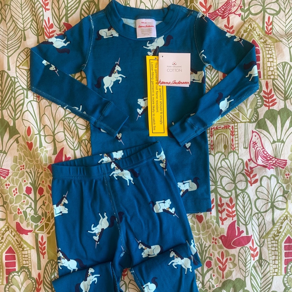 Hanna Andersson New NWT 100 4T Long John Organic Pajama Set Unicorns Blue Teal
